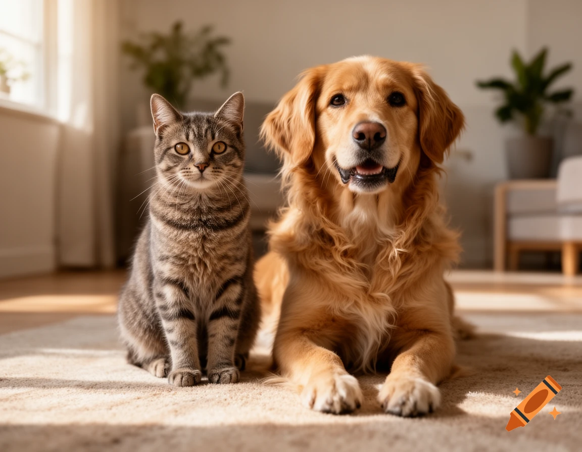 Photorealistic image of a tabby cat sitting upright and a golden retriever lying down on a carpeted floor indoors.