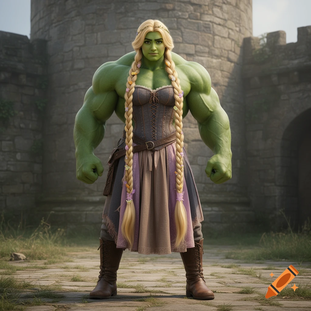 Photorealistic depiction of a female giant green monster with massive muscles, wearing a medieval dress and long blonde braided hair, standing in front of a stone castle.