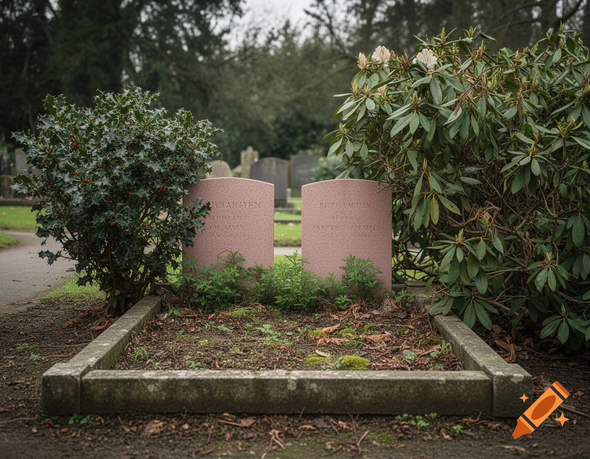 Photorealistic image of a family grave with two pink headstones, a holly bush on the left, and a rhododendron on the right.