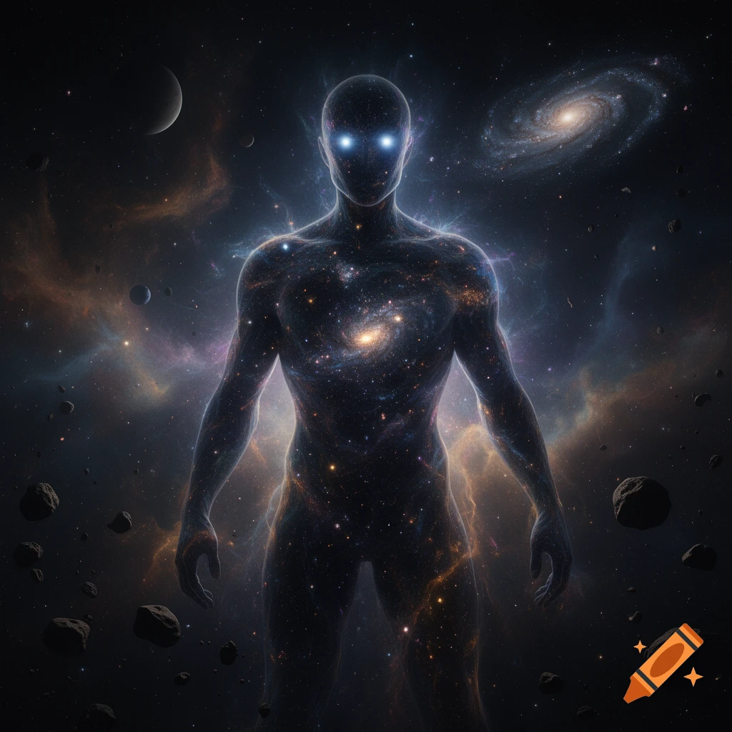 A cosmic entity resembling a humanoid figure made of stars and galaxies, standing in outer space amidst asteroids and nebulae, photorealistic style.