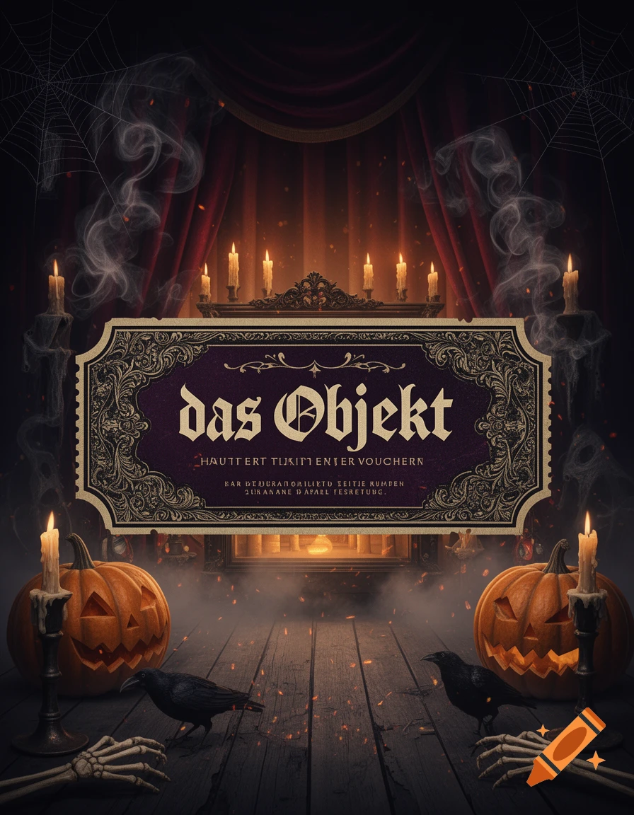 Spooky Halloween theater voucher poster with pumpkins, candles, ravens, and a decorative frame.