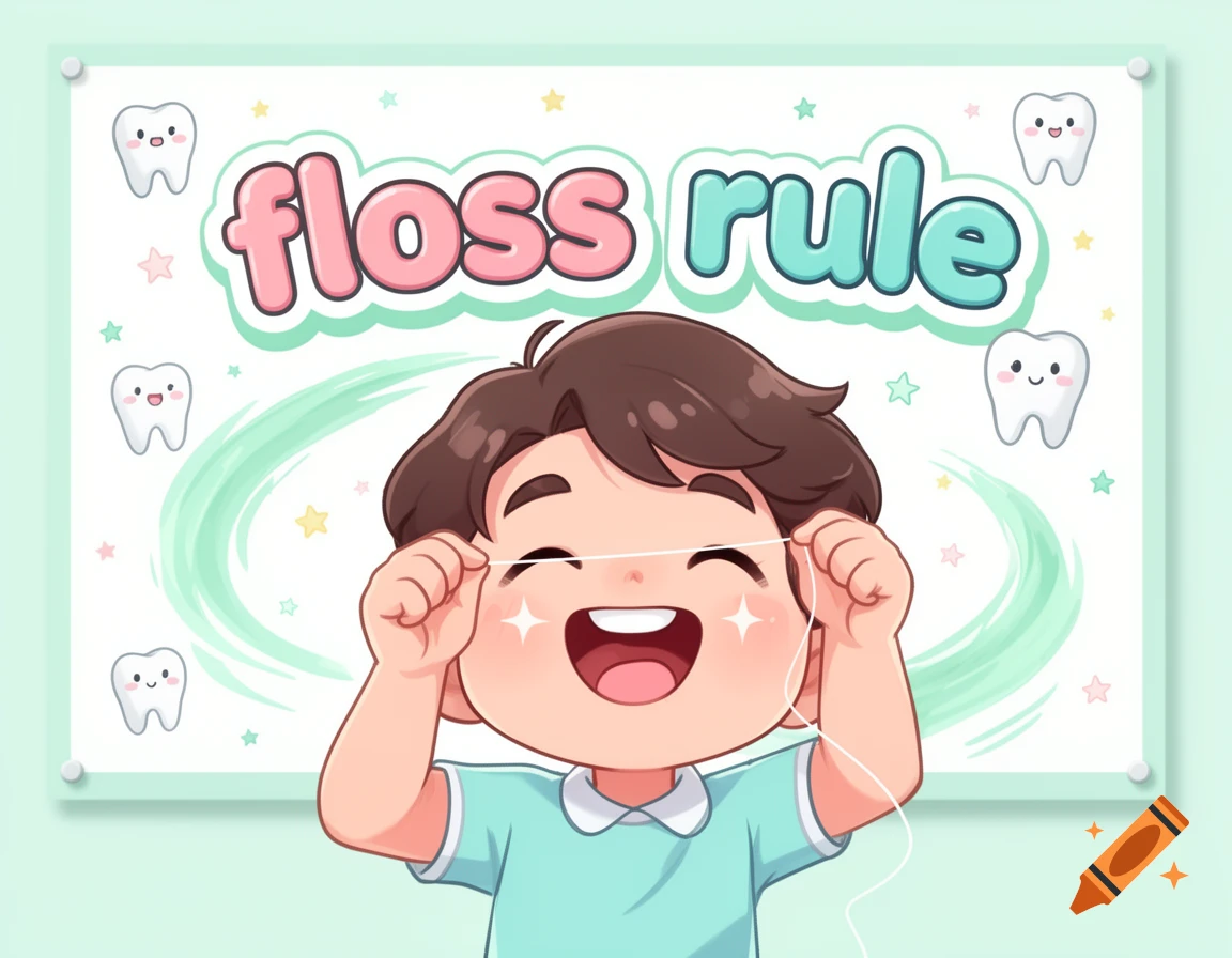 Cartoon illustration of a smiling child holding dental floss in front of a sign reading 'floss rule'.