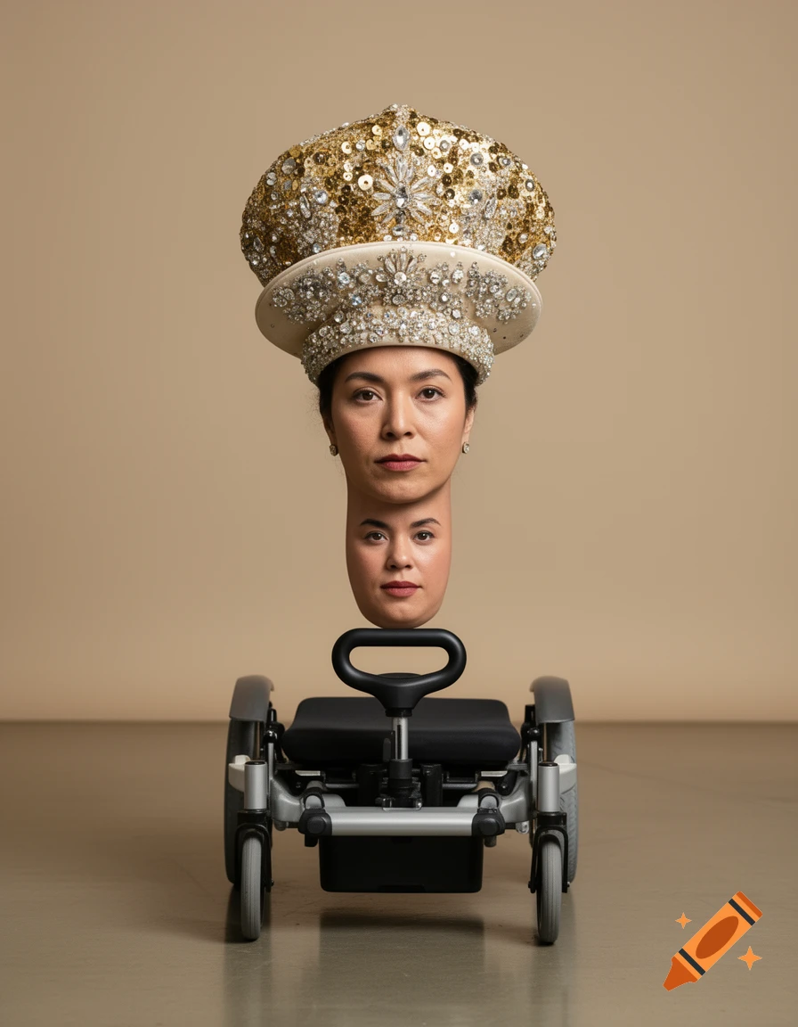 Surreal photorealistic portrait of a woman's head wearing a large gold sequined crown resting on a wheelchair base.