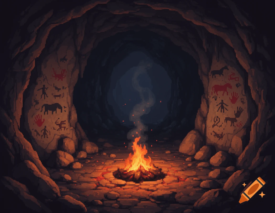 Pixel art of a dark cave interior with a small campfire in the center and cave paintings on the stone walls.