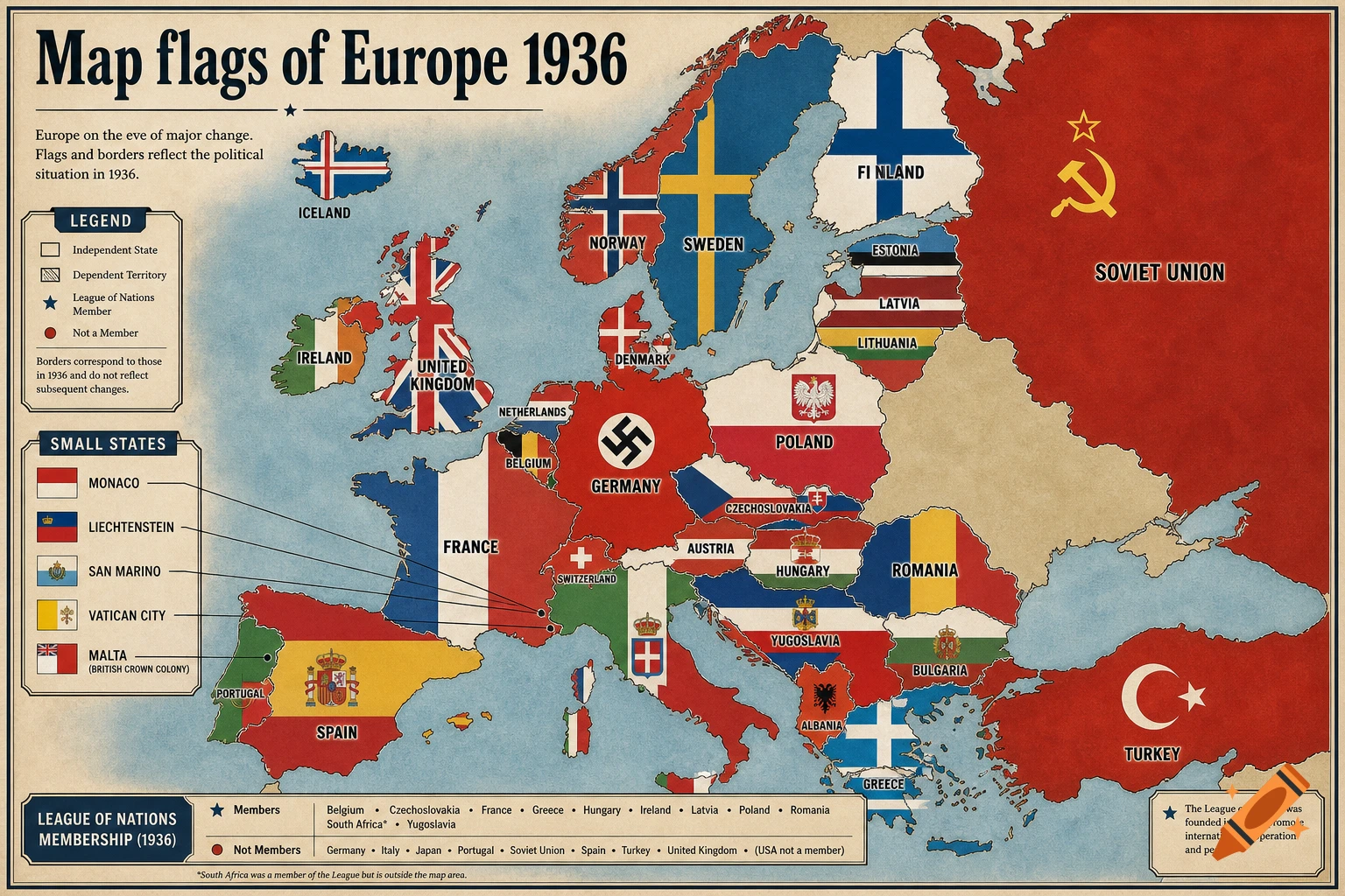 Historical map of Europe in 1936 showing country borders and flags, with text legends.