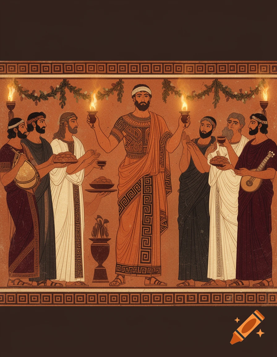 Ancient Greek style pottery illustration of a birthday celebration with figures holding offerings.