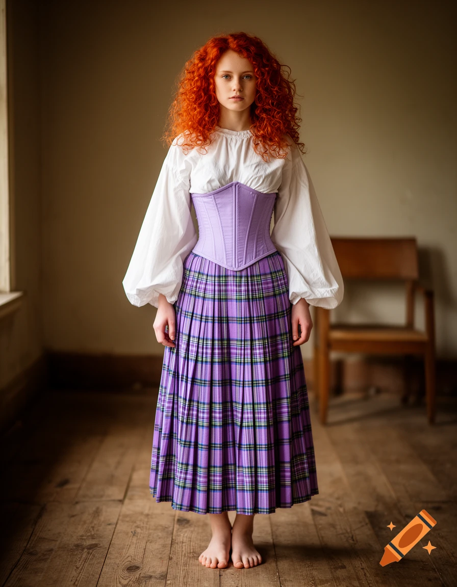 Photorealistic full-body portrait of a young woman with curly red hair, pale skin, white poet sleeves, purple corset, and plaid skirt, standing barefoot in a rustic room.
