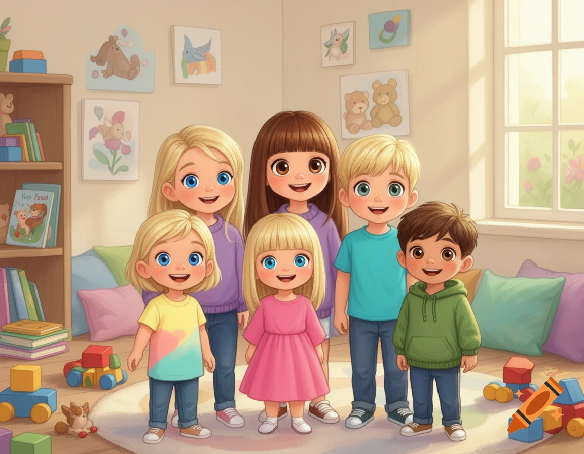 Charming 2D children's book illustration of five happy young children standing together in a bright playroom.