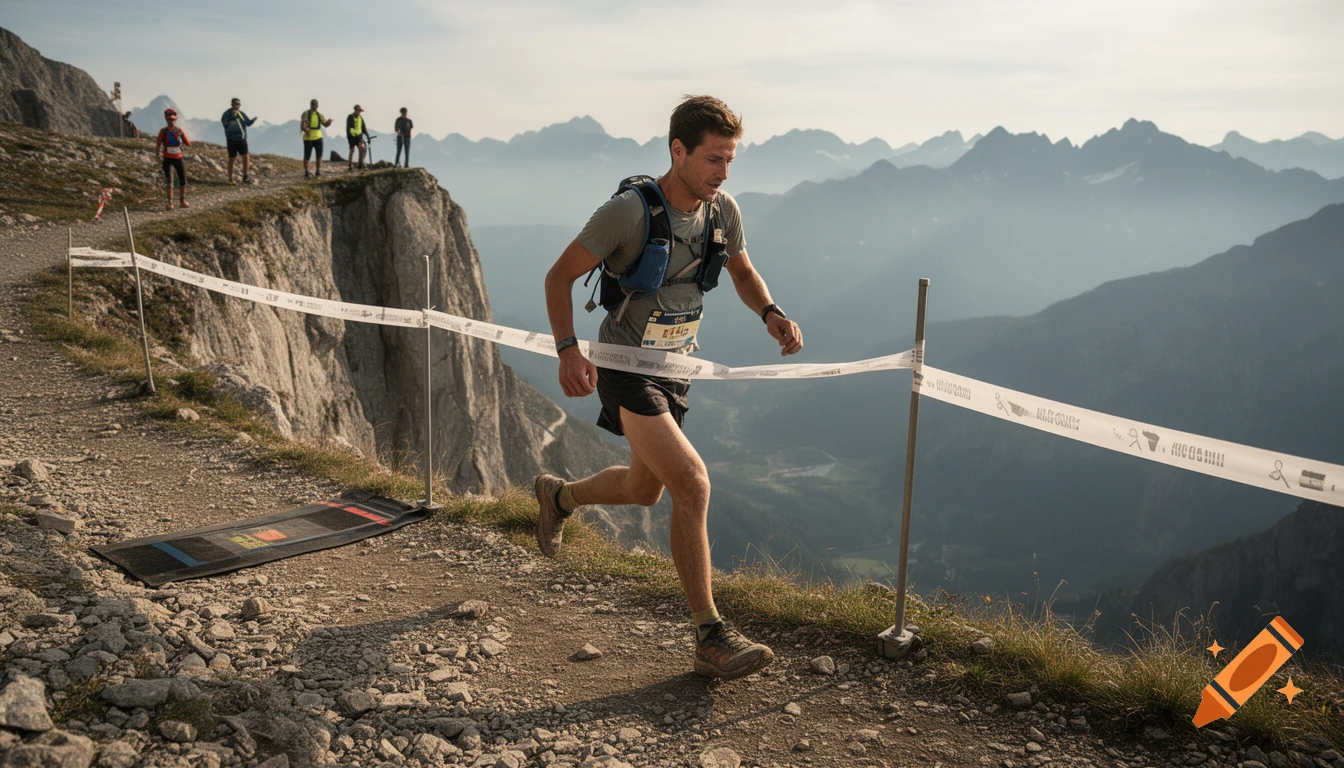 Photorealistic image of a male runner crossing a finish line on a narrow mountain trail near a cliff.