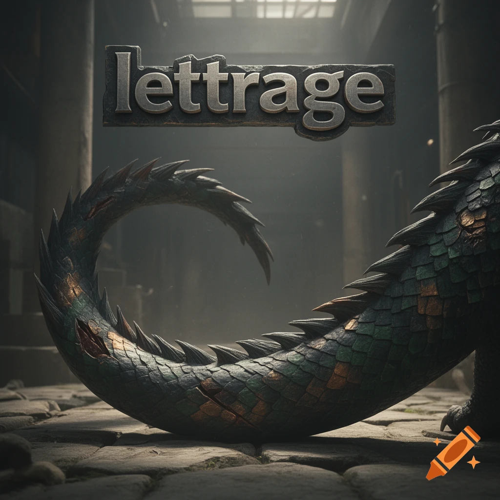 Close-up of a dark green and bronze scaled dragon tail resting on stone pavement, with the word 'lettrage' floating above.