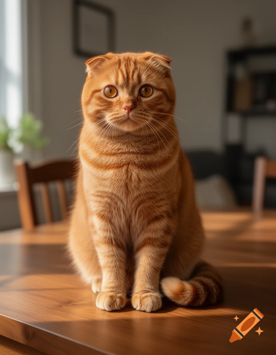 Photorealistic image of a red Scottish fold cat sitting upright on a wooden table indoors.