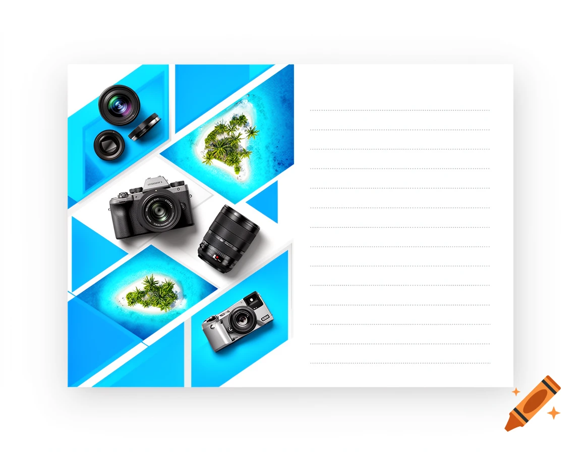 Postcard design featuring blue geometric patterns, aerial views of tropical islands, and camera equipment alongside lined note space.