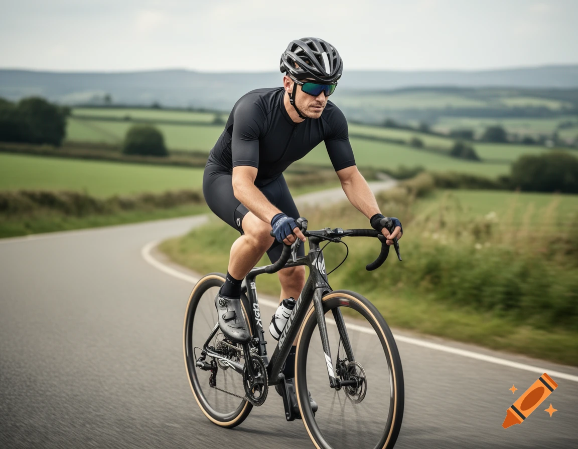 Photorealistic image of a male cyclist in black lycra cycling gear riding a road bike on an asphalt road through green fields.