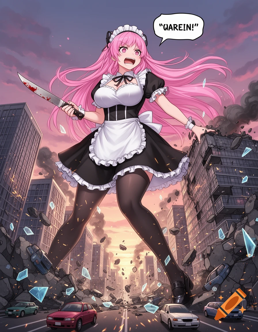 Anime style illustration of a giant pink-haired woman in a maid outfit holding a bloody knife, destroying a city.