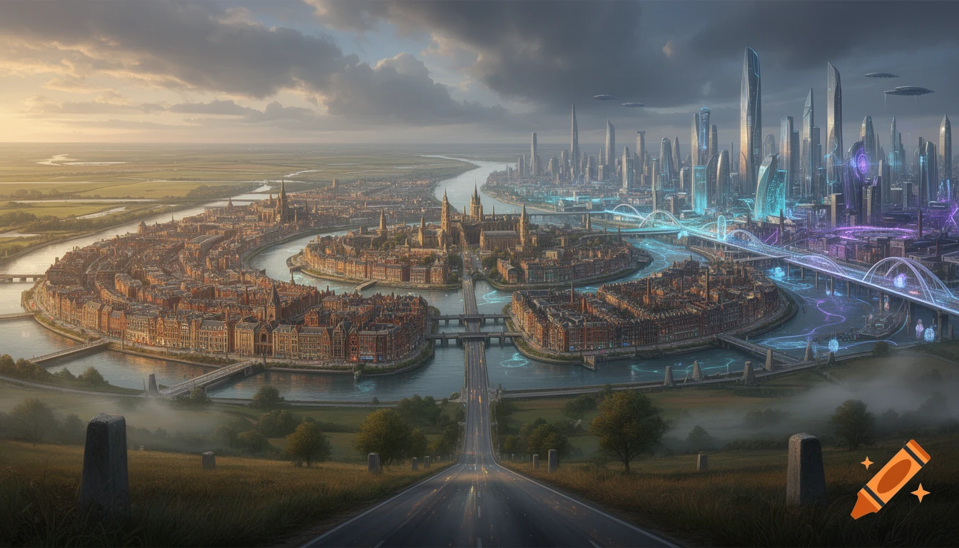 A detailed digital painting of a sprawling fantasy canal city with historic and futuristic architecture, viewed from a country road.