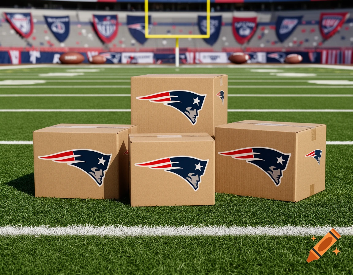 Four cardboard boxes with New England Patriots logos arranged on an American football field.