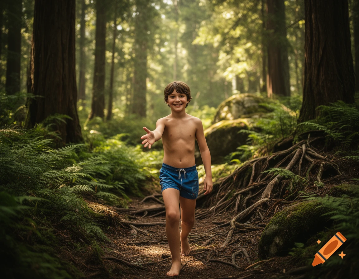 Photorealistic image of a young boy walking happily through a lush redwood forest, reaching out a hand.