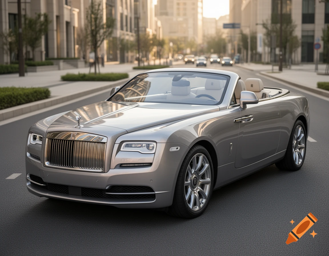 Photorealistic silver convertible Rolls Royce parked on a city street.