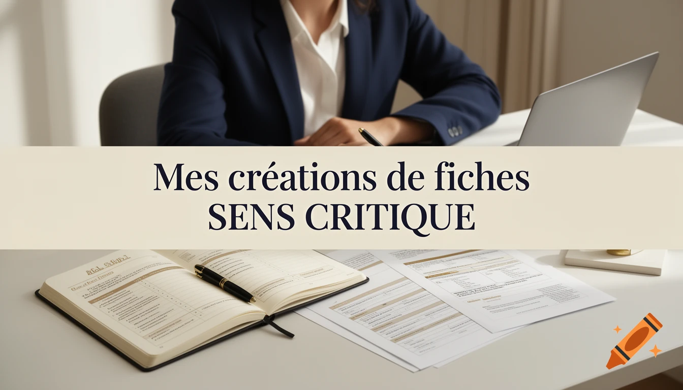 Professional in a suit sitting at a desk with a laptop, open notebook, and papers, with a banner overlay reading 'Mes créations de fiches SENS CRITIQUE'.