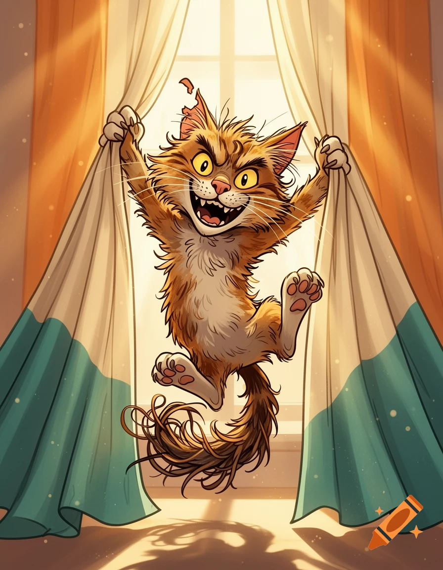 Cartoon illustration of a wild, crazy-eyed orange cat hanging from curtains by its claws.