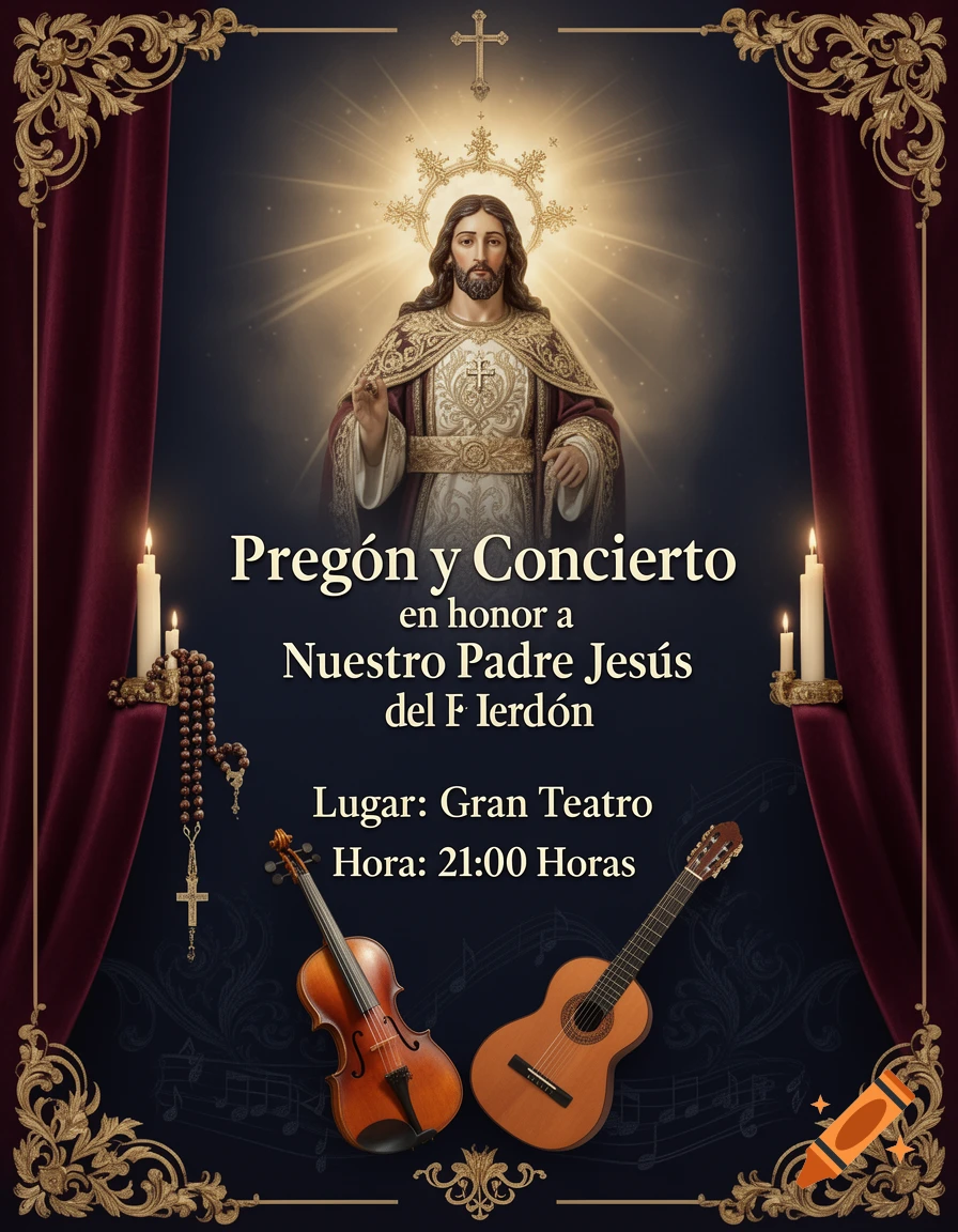 A religious poster announcing a concert with an image of Jesus, candles, a rosary, a violin, and a guitar.