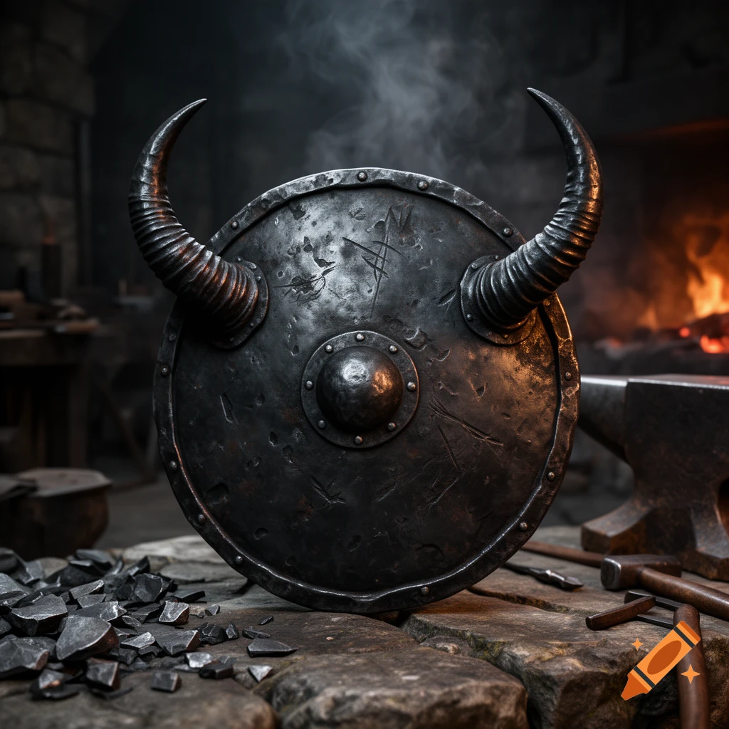 Photorealistic image of a dark metal round shield with large horns resting on a stone blacksmith's workbench.