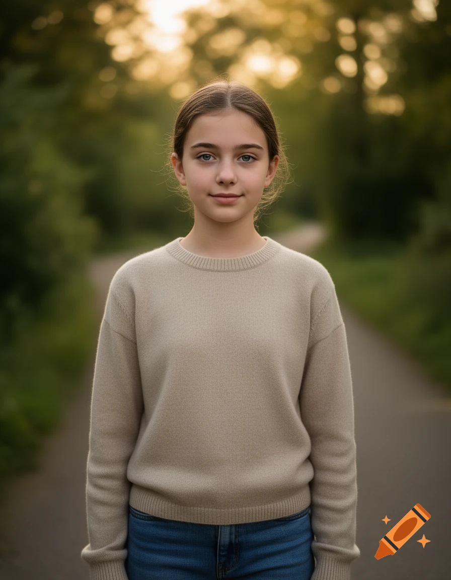 Photorealistic portrait of a young teenage girl with brown hair wearing a beige sweater outdoors on a path.