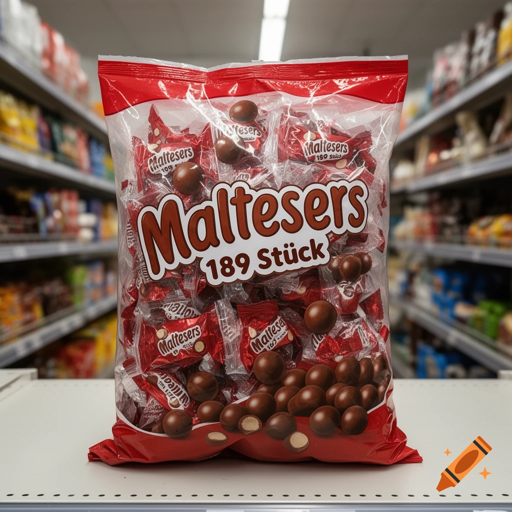 Photorealistic image of a large red bag of Maltesers chocolates with German text '189 Stück', sitting on a shelf in a supermarket aisle.