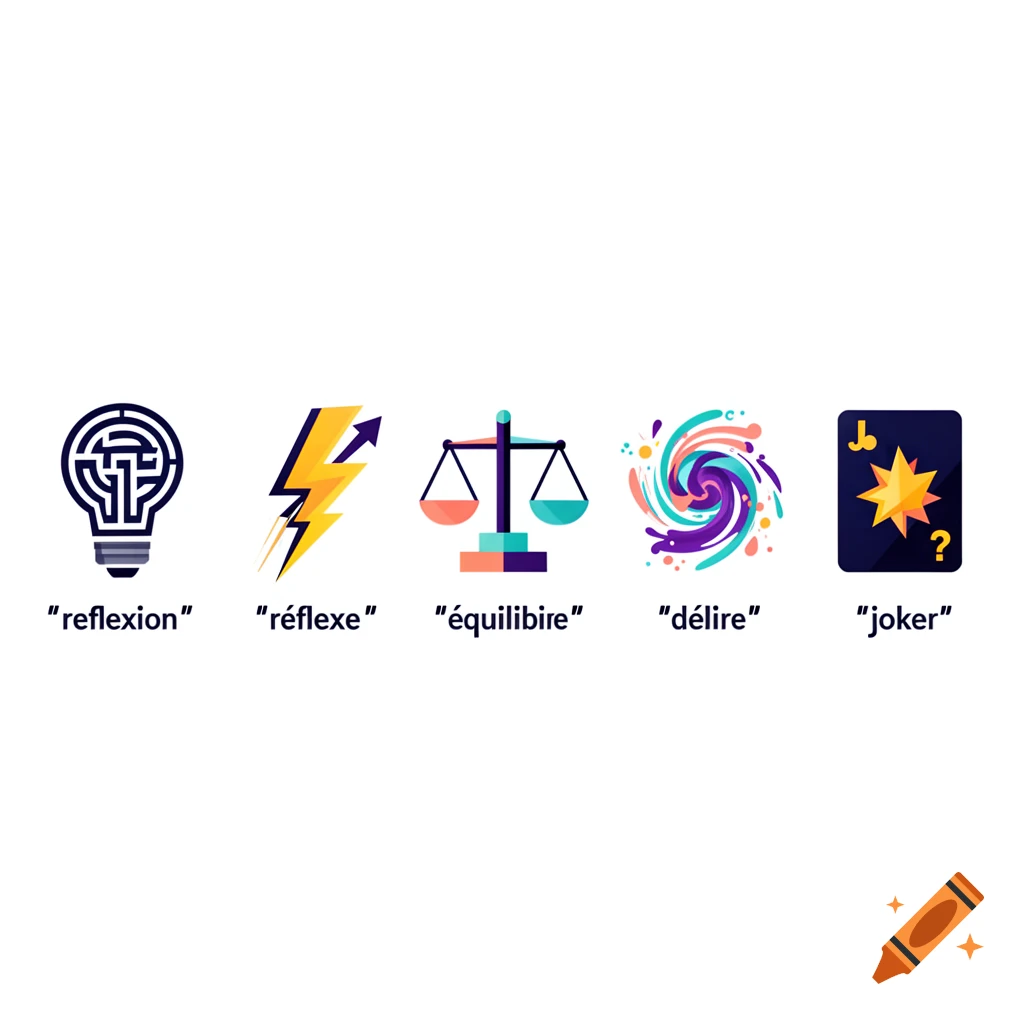 Five minimalist icons representing categories with French labels: reflexions, reflex, equilibre, delire, and joker.