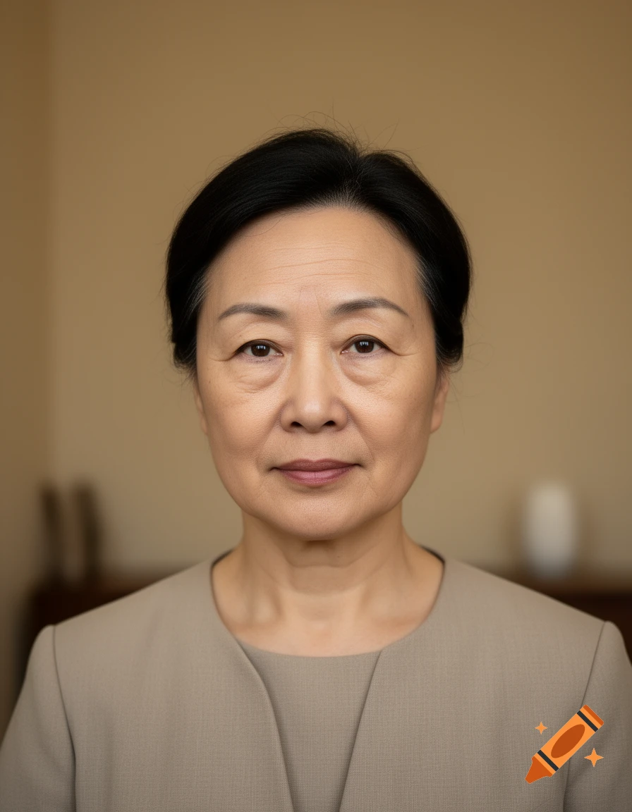Close-up portrait of a middle-aged Asian woman with short black hair wearing a beige top.