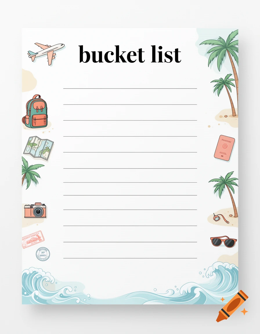 A digital illustration of a travel-themed bucket list page with a beach and palm tree border, 10 blank lines, and the title bucket list.