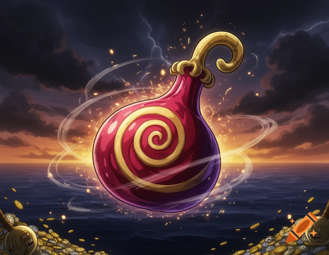 An anime style glowing magenta and gold devil fruit floating above a pile of treasure coins against a stormy ocean sunset.
