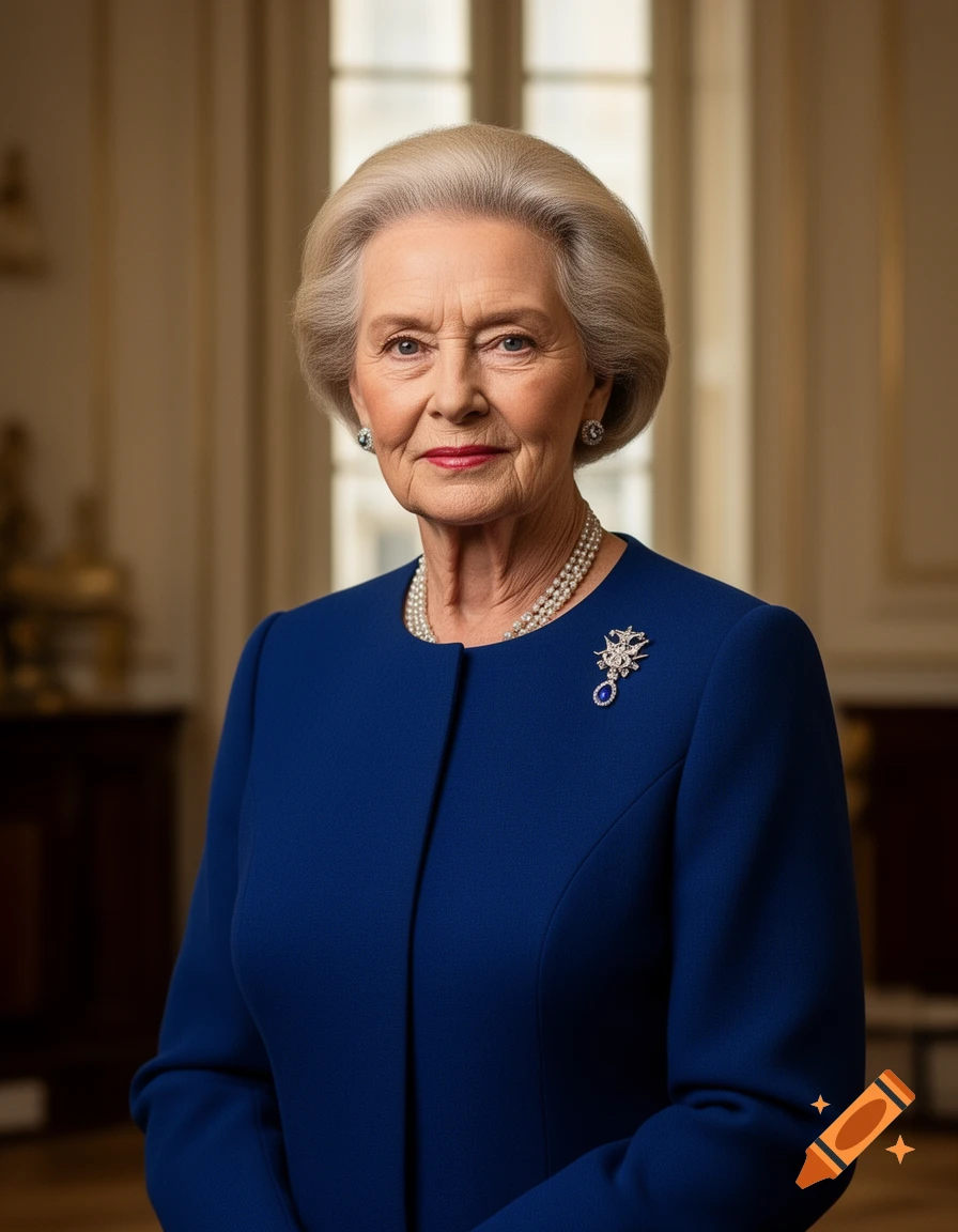 Photorealistic portrait of an elderly woman wearing a blue suit and pearl necklace.