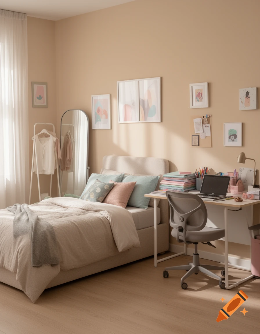 Cozy teen girl bedroom with a bed, desk, chair, and neutral pastel decor.