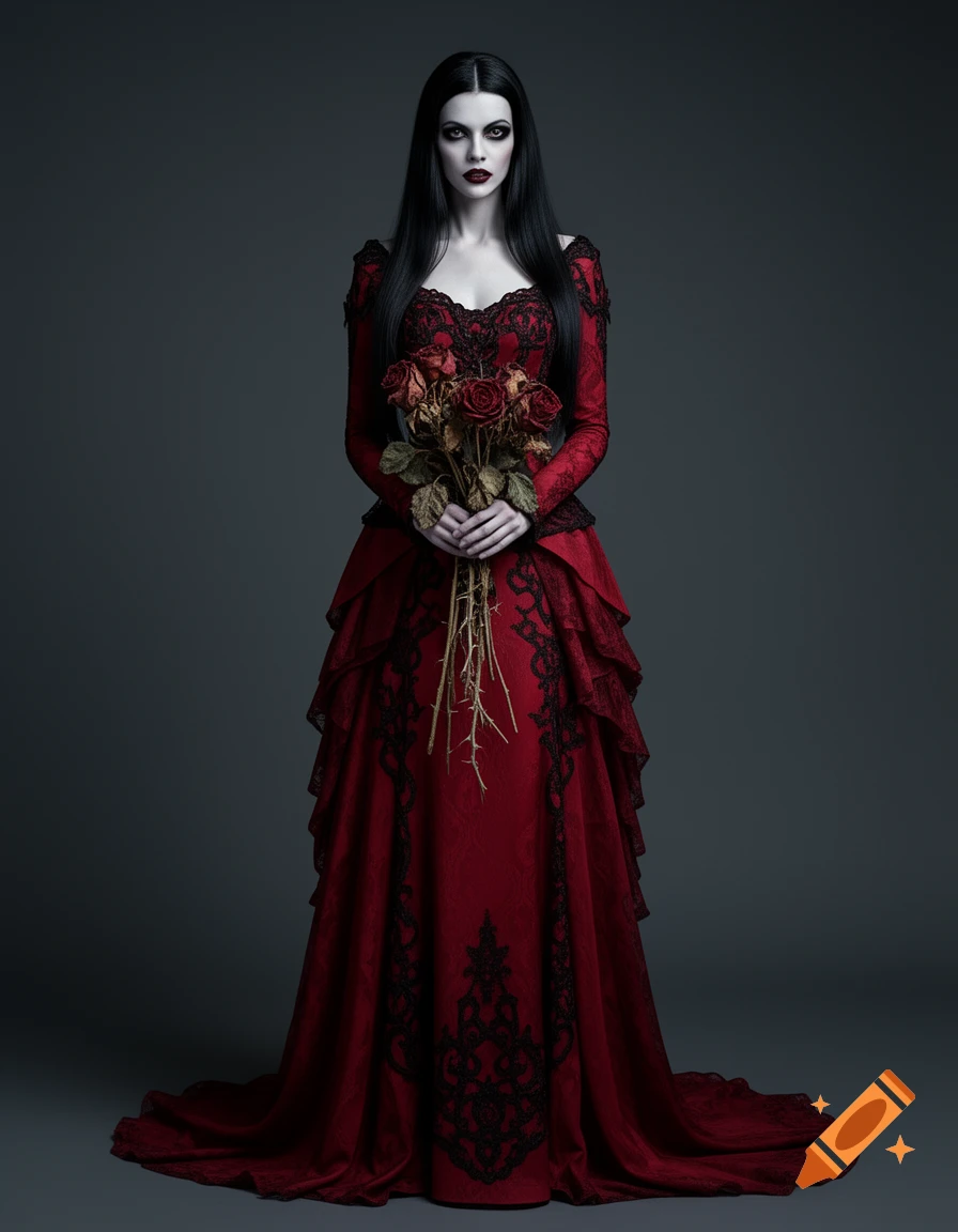 Photorealistic full-body portrait of a pale vampire bride in a long red gothic dress holding withered dead roses against a dark background.