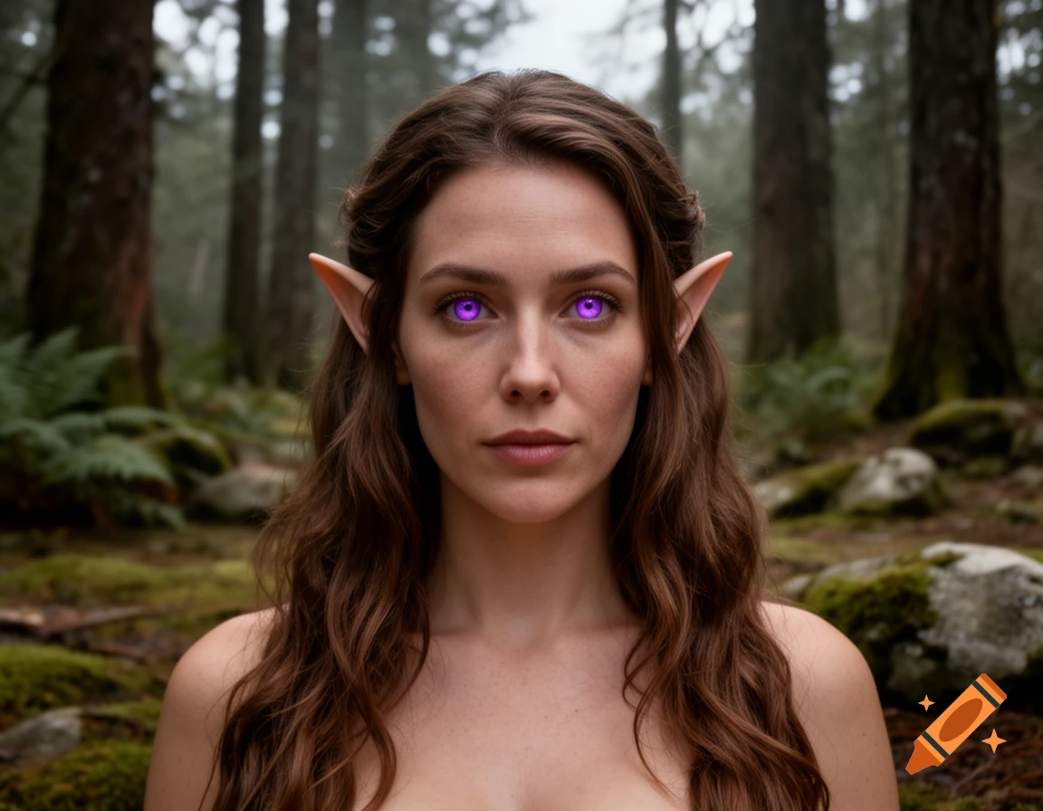 Photorealistic portrait of an elven woman with glowing purple eyes and brown hair in a forest.