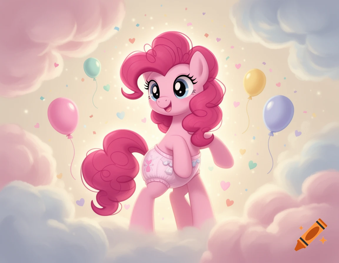 Digital art of Pinkie Pie from My Little Pony in a diaper, surrounded by colorful balloons and clouds in a soft pastel style.