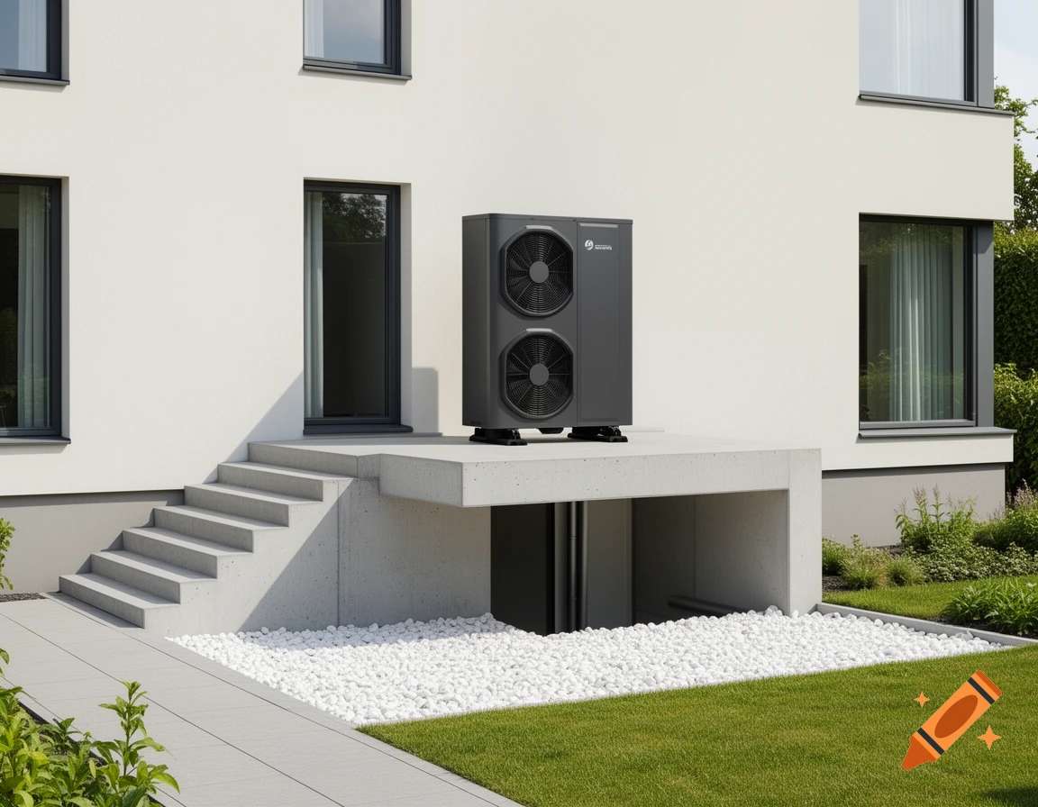 Photorealistic image of a modern house with a heat pump installed on a concrete platform.