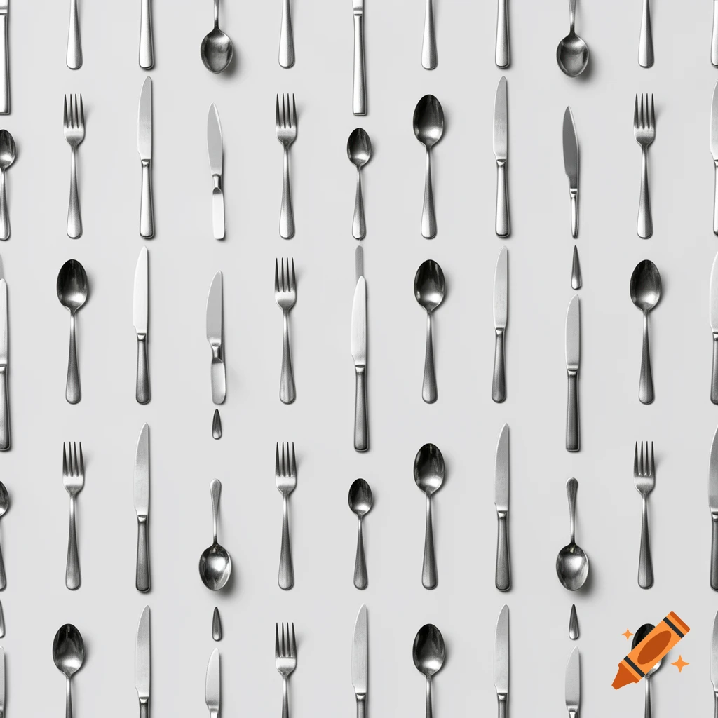 A flat lay photograph of a repeating pattern of forks, knives, and spoons arranged on a white background.