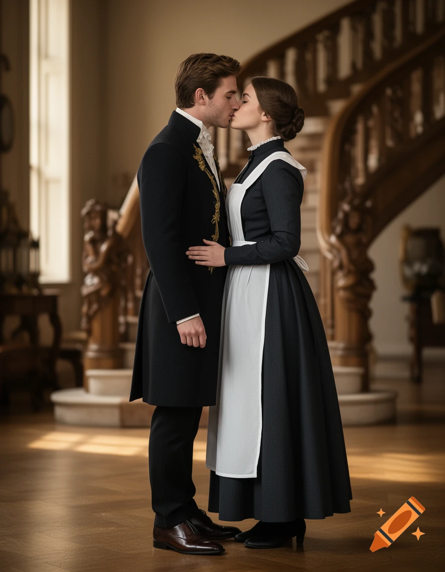 Photorealistic scene of a prince in a dark coat and a maid in a period dress kissing inside a grand hallway.