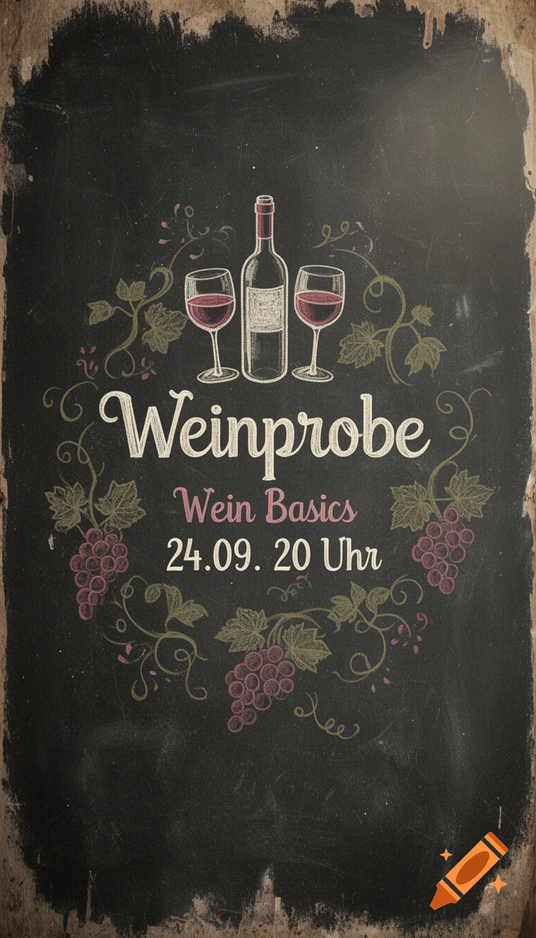 Chalkboard poster for Weinprobe with wine bottle, glasses, and grapes illustration.