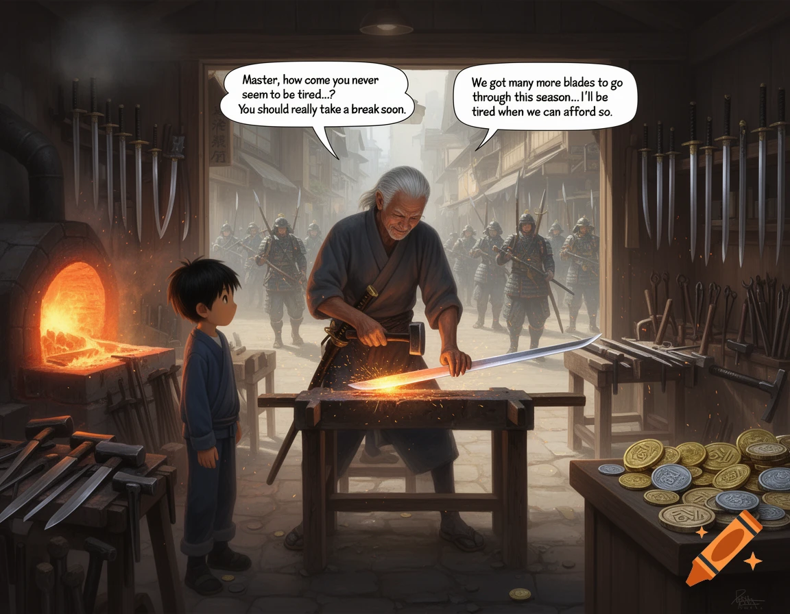 An elderly swordsmith hammering a glowing sword in his workshop while a young boy watches, with speech bubbles and patrolling soldiers in the background, anime style illustration.