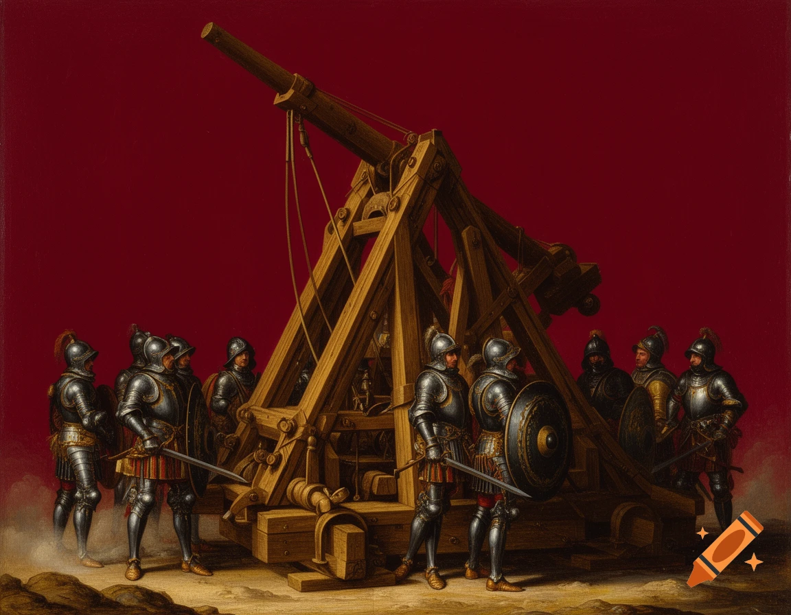 Renaissance painting of an ancient wooden catapult operated by soldiers in full armor against a plain red background.