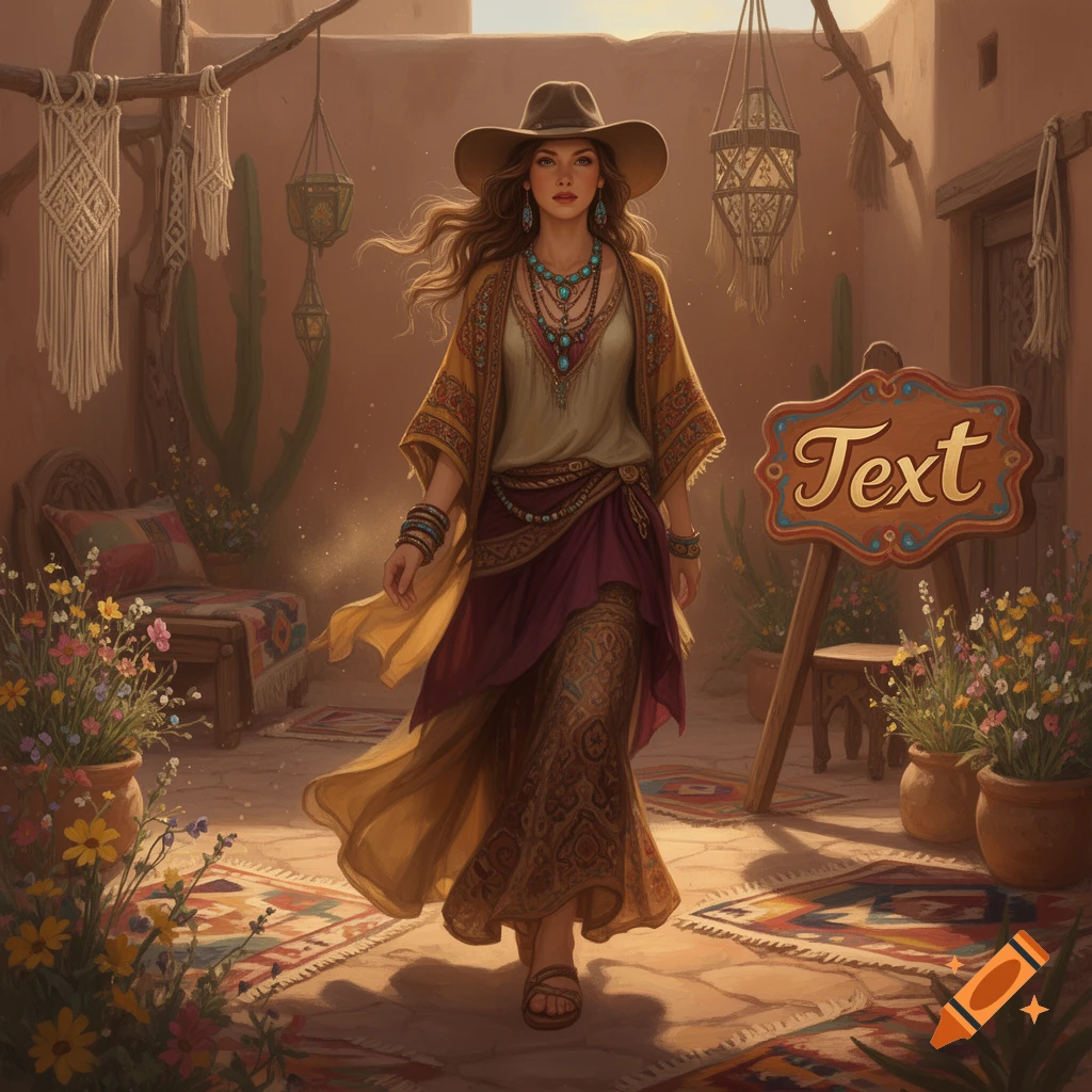 A bohemian woman in a hat and layered jewelry walking through a desert courtyard.