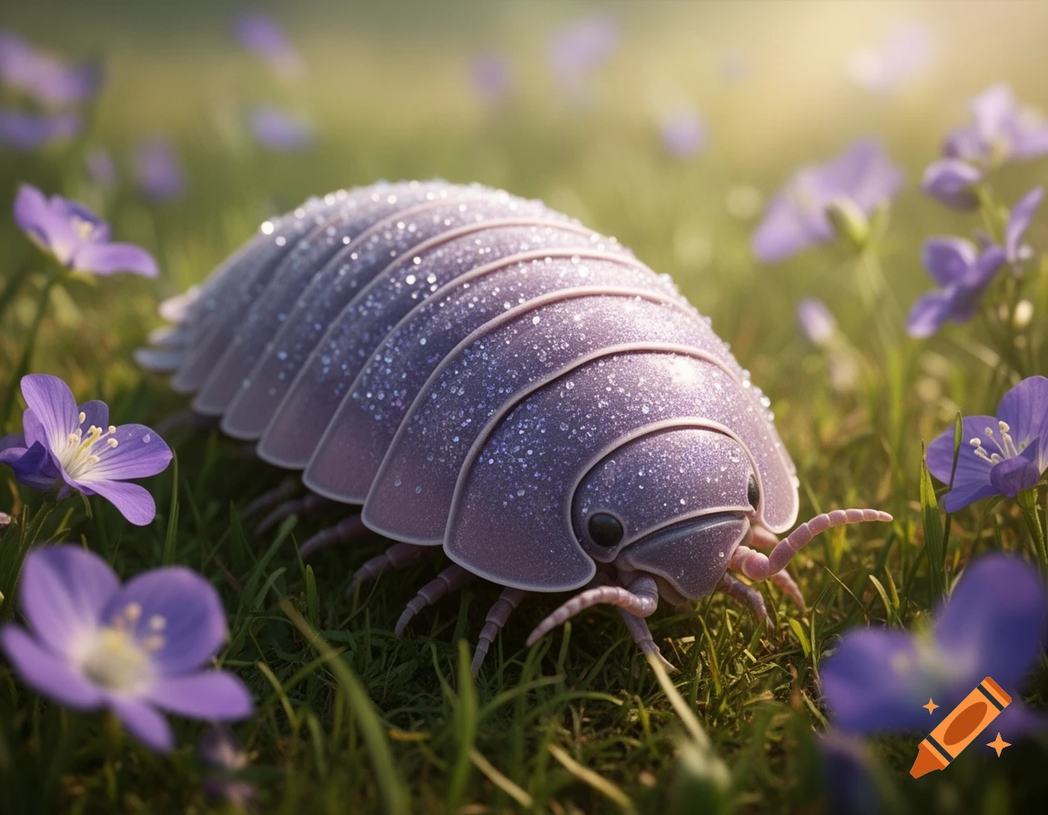 Close-up photorealistic image of a giant woodlouse with a light purple, glittery back in a meadow with purple flowers.