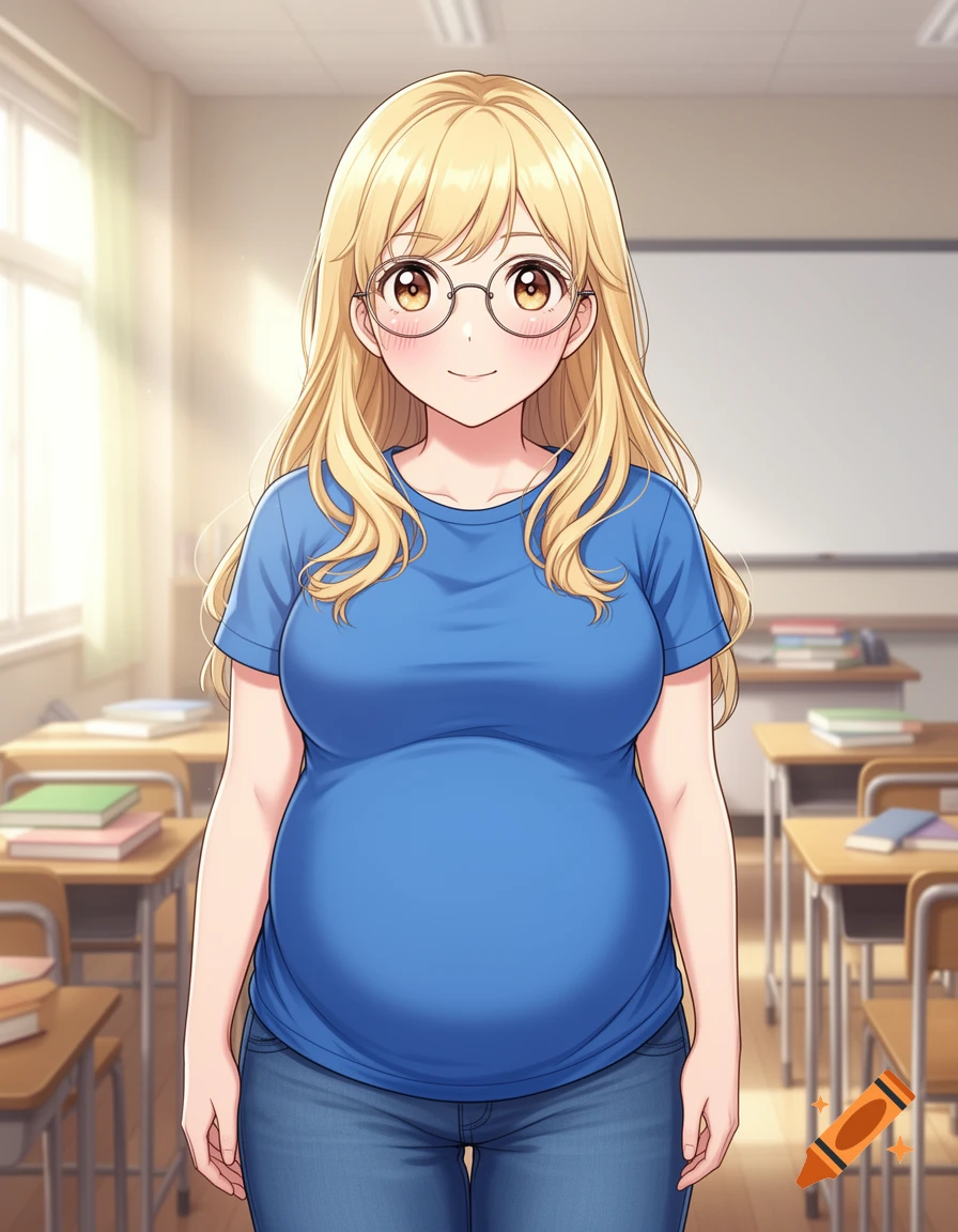 Anime-style digital illustration of a smiling woman with blonde hair, glasses, and a pregnant belly standing in a classroom.