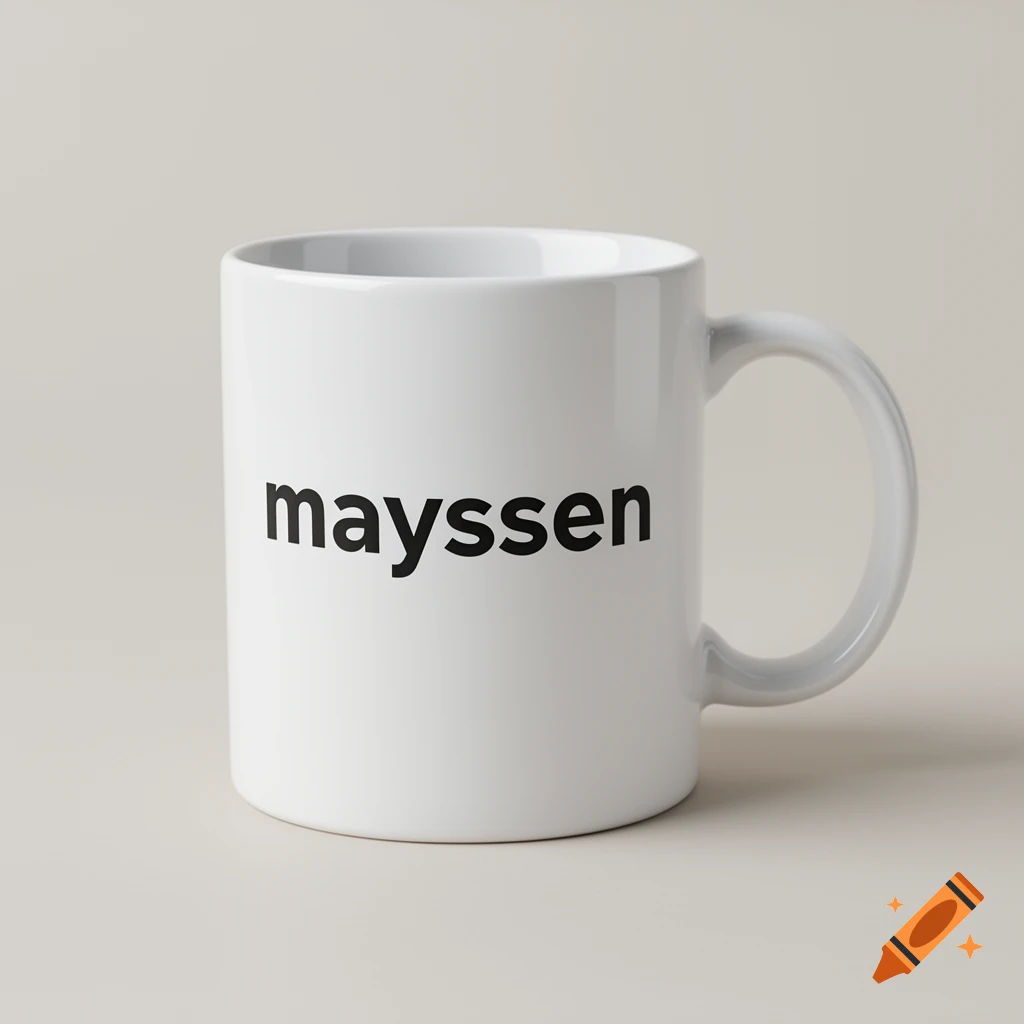 A white ceramic mug with the text 'mayssen' on it, presented against a neutral plain background.