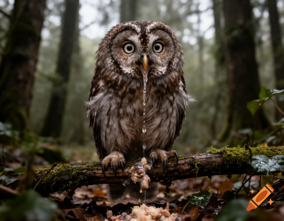 Photorealistic image of an owl perched on a mossy branch in a forest, vomiting onto the log.