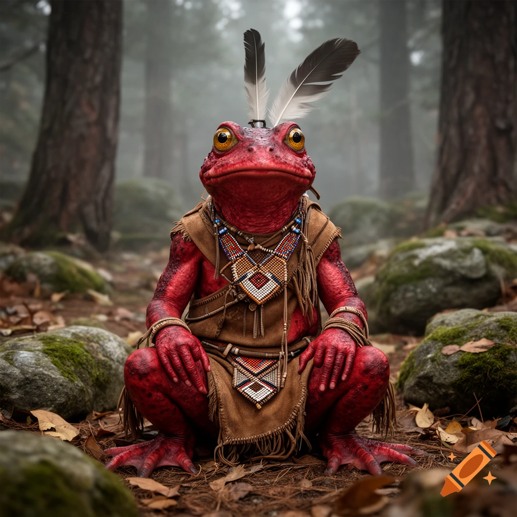 A red frog creature wearing traditional Native American-inspired clothing and feathers in a misty forest.