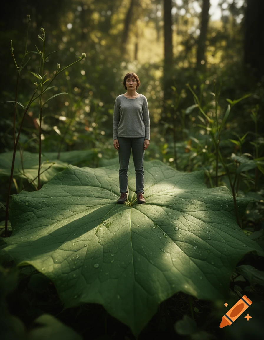 Photorealistic image of a person standing on a giant green leaf in a forest.
